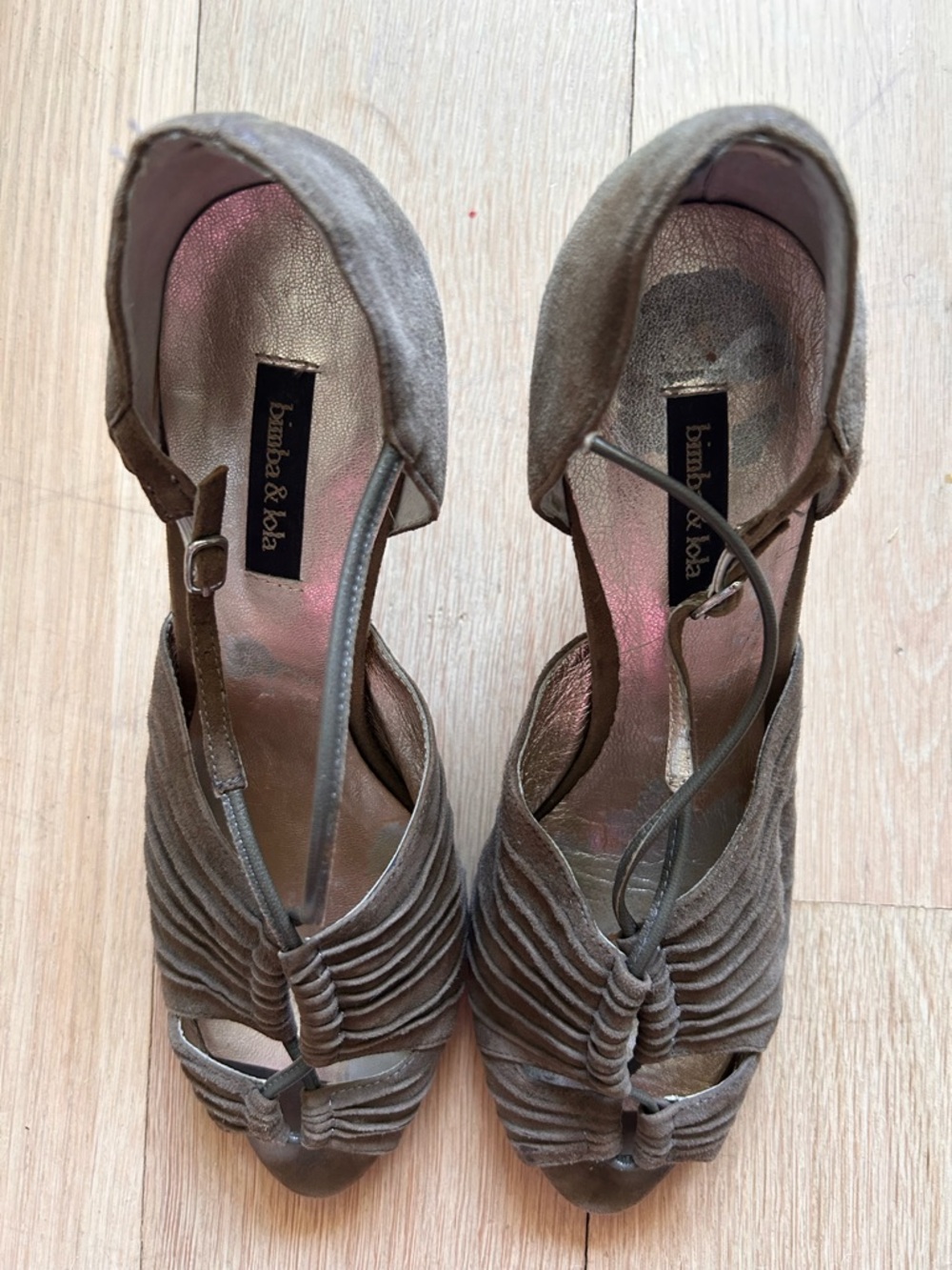 Bimba & Lola Taupe Suede Peep-Toe Heels with Ankle Strap in Taupe
